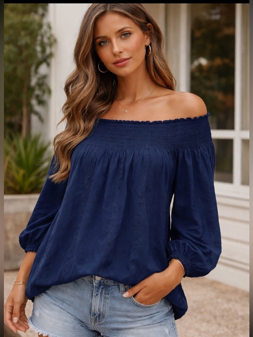 Ralph Lauren off the shoulder 3/4 sleeve navy blue top, medium